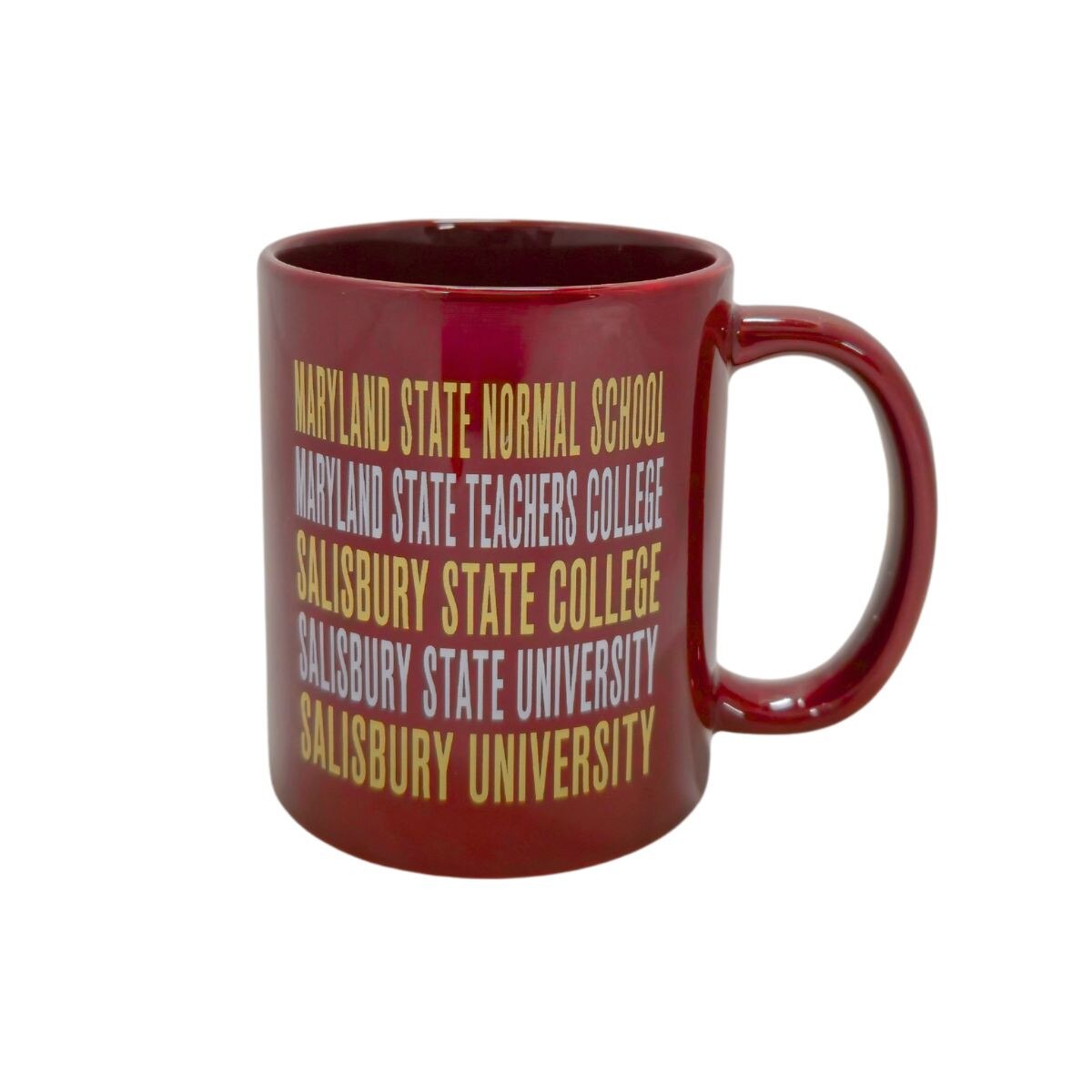 Maroon mug with school names list